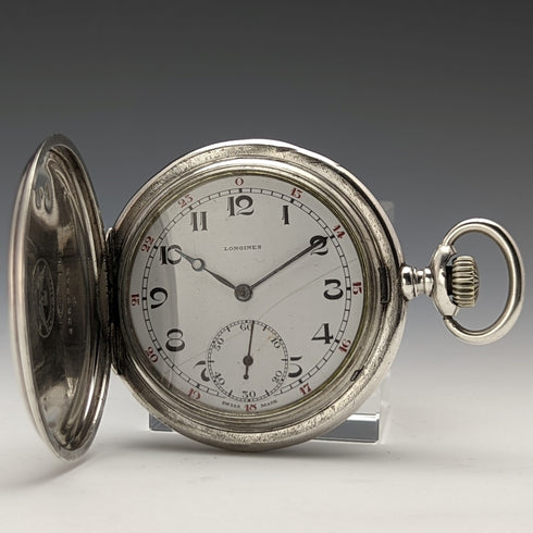1920s antique Longines pocket watch silver side hunter works well